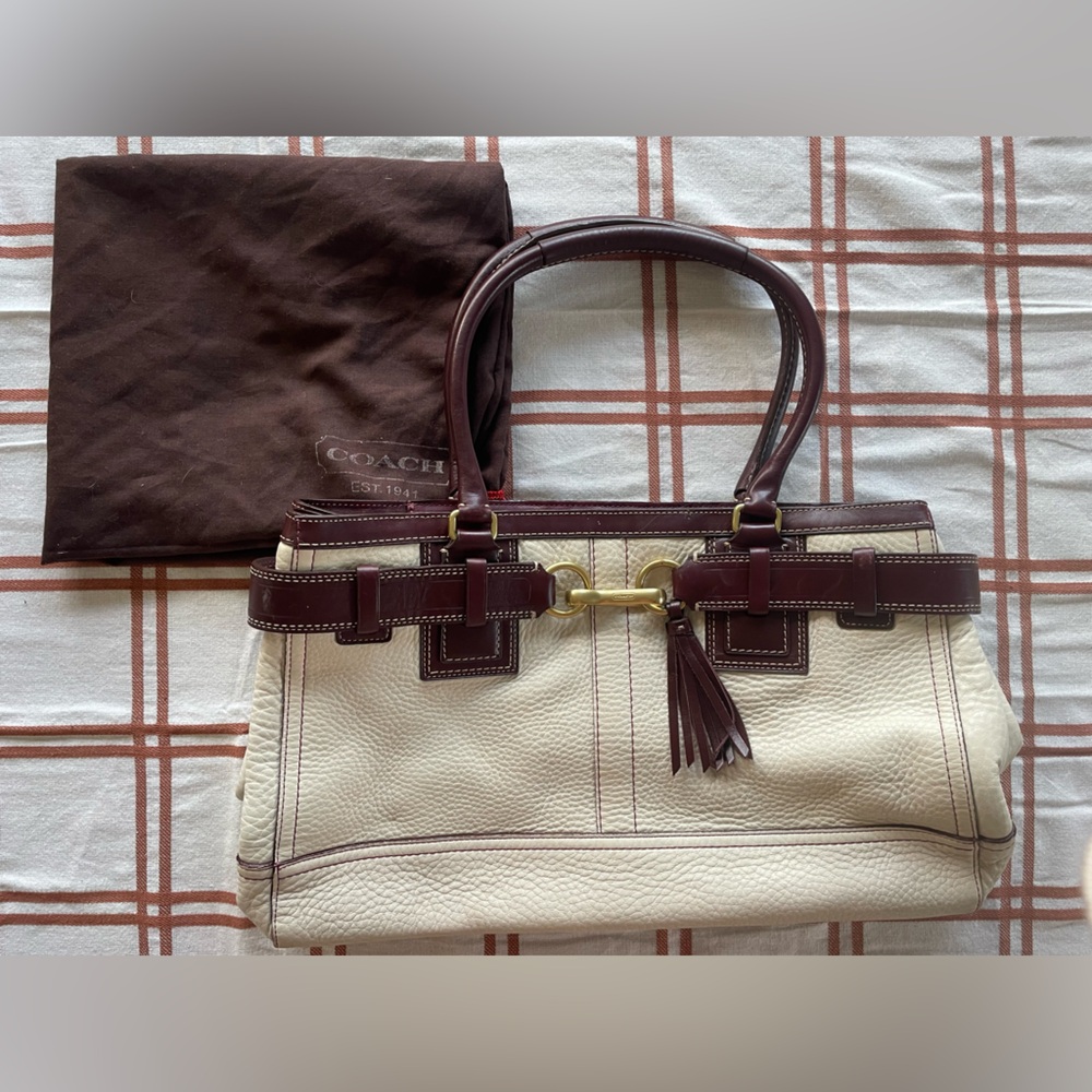 Coach Cream and Burgundy Leather Shoulder Bag